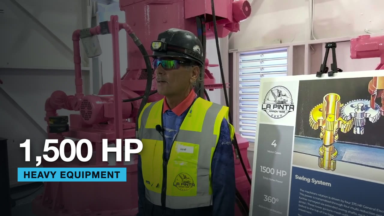 Operator explaining heavy mining machinery